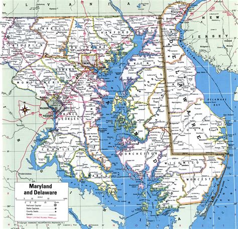 Map of Maryland showing county with cities,road highways,counties,towns