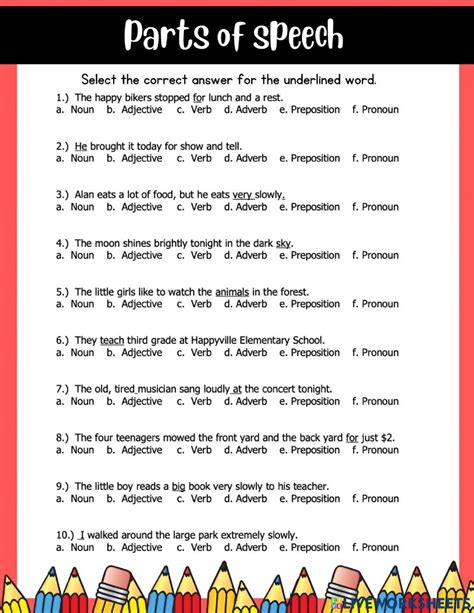 Parts of speech practice exercise | Parts of speech worksheets, Parts ...