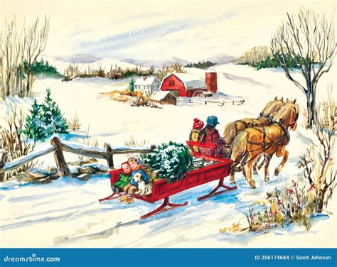 Christmas Watercolor of a Horse and Sleigh Stock Photo - Image of road ...