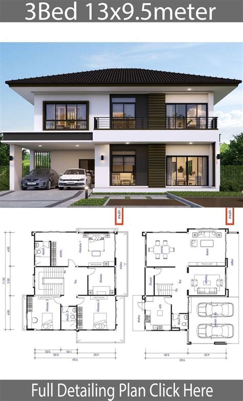 House design plan 13x9.5m with 3 bedrooms - #13x95m #bedro | Beautiful ...