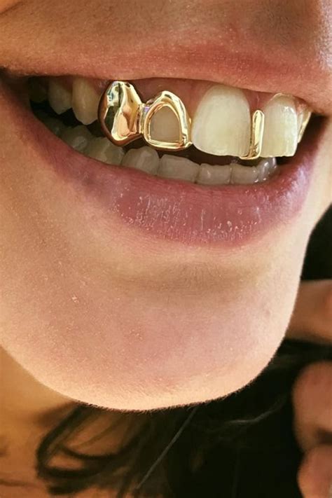 18K Real Gold Braces Plain Punk Hiphop 2 Teeth Grillz Dental Mouth Fang ...