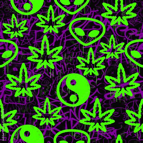 Graffiti,weed leaf,alien,Yin Yangseamless pattern wallpaper art.Vector ...