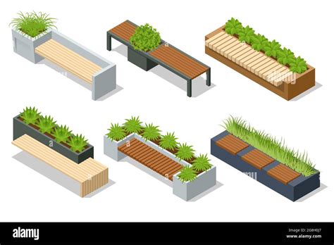 Isometric icons set of eco modern street bench vector for web design ...