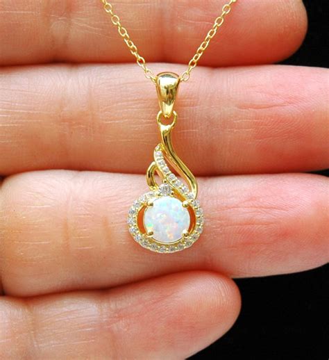 Gold CZ & White Opal Necklace, October Birthstone Necklace, Sterling ...