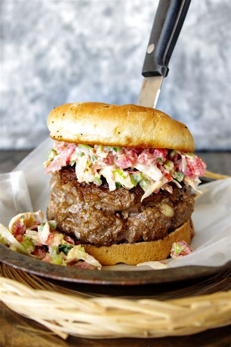 Tomato Basil Cheese Stuffed Burger With BLT Slaw