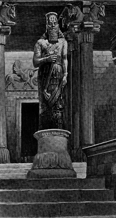 an old drawing of a statue in the middle of a room with columns and pillars