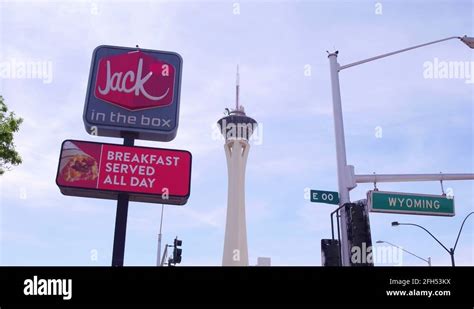 Jack in the Box exterior sign with Stratosphere in background 4k Stock ...