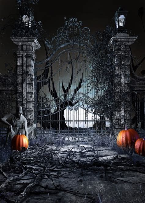 Horrible Iron Gate Pumpkins Skull Ghost Scary Halloween Backdrops