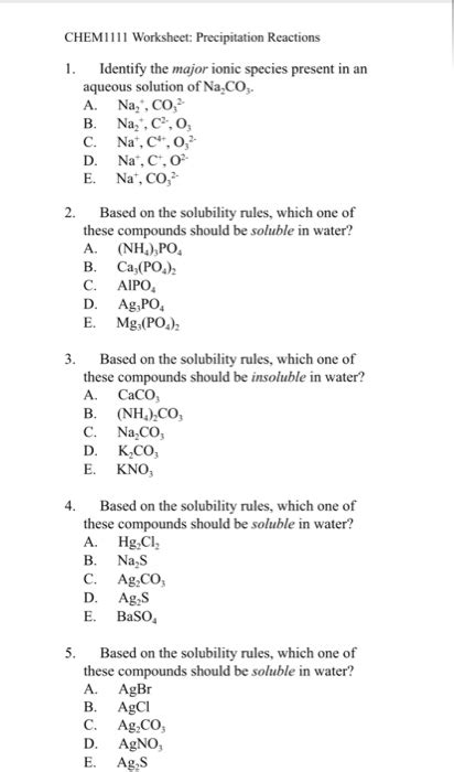 Solved: CHEMI111 Worksheet: Precipitation Reactions . Iden... | Chegg.com