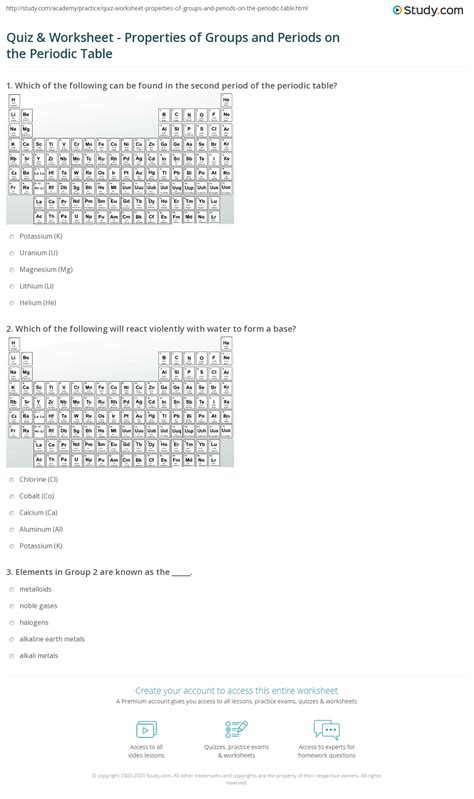 Quiz & Worksheet - Properties of Groups and Periods on the Periodic ...