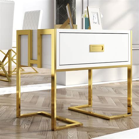 Jocise Modern White Side Table Wooden End Table with 1 Drawer & Golden ...