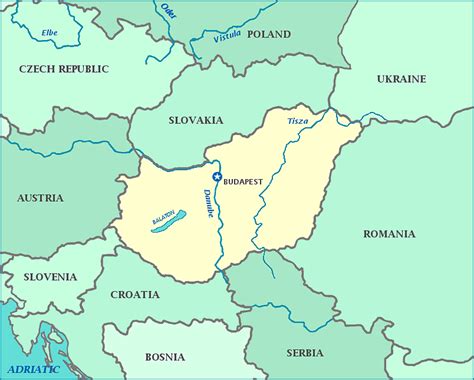 Map of Hungary--Hungary map shows cities, Danube river, nearby countries