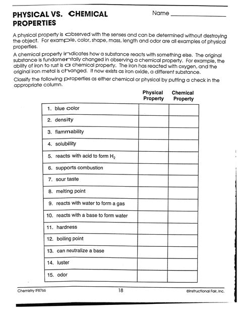 Physical Chemical Changes Worksheet