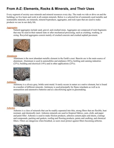 From AZ: Elements, Rocks & Minerals, and Their Uses