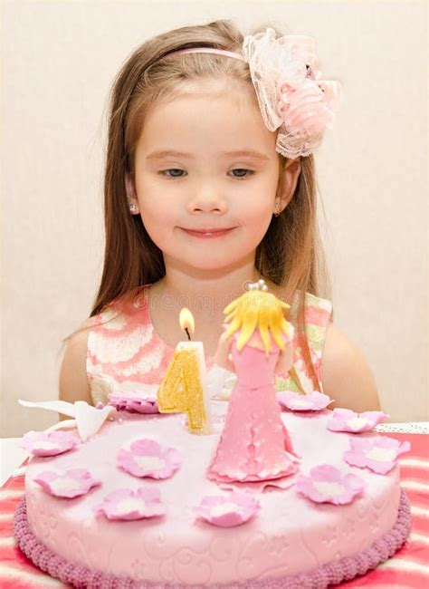 Portrait Of Little Girl And Her Birthday Cake Stock Photo - Image of ...