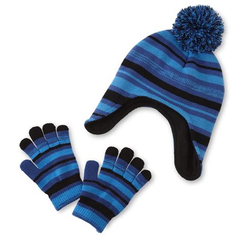 Basic Editions Boys' Winter Hat & Gloves - Striped