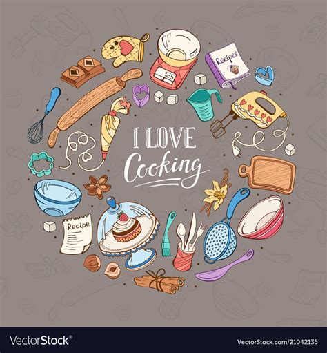 I love cooking poster. Baking tools in circle shape. Poster with hand ...