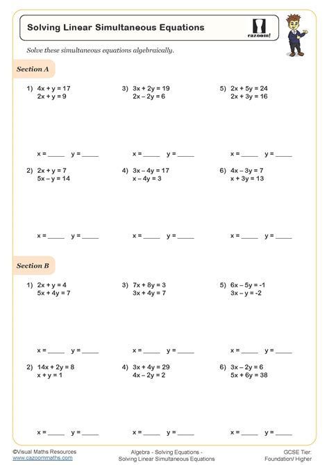 Solving Linear Simultaneous Equations Worksheet | Cazoom Maths Worksheets