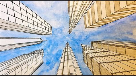 How to draw a city buildings in one point perspective. Worm's eye view ...