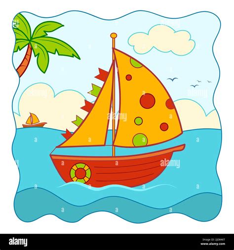 Cute Boat cartoon. Yacht clipart vector illustration. Nature background ...