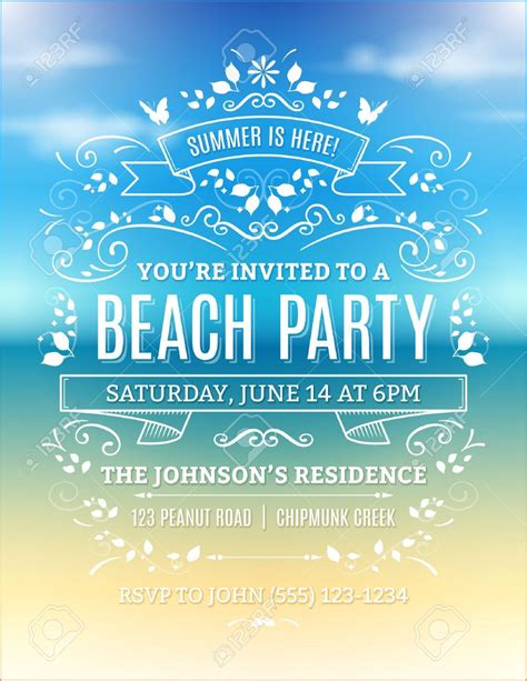 Beach party invitation with white ornaments and ribbons on a blurry ...