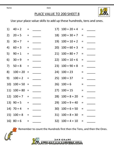 Place Value Worksheet - numbers to 200