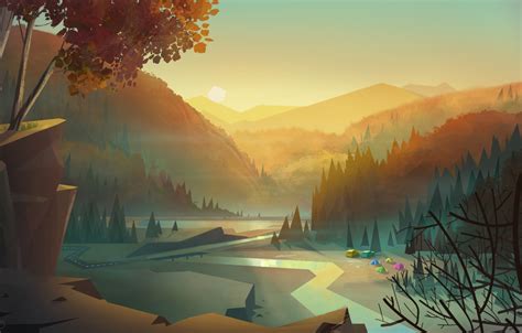 Wallpaper Sunset, Mountains, Figure, Vector, Trees, River, Forest, Dawn ...