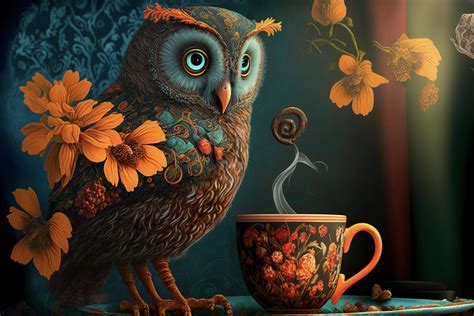 a painting of an owl next to a cup of coffee. . 23001053 Stock Photo at ...