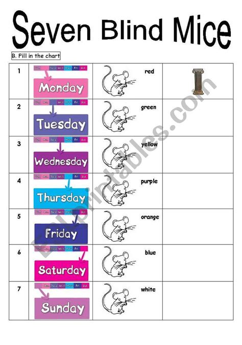 Seven Blind Mice + Days of the week + color - ESL worksheet by biojames ...