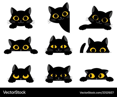 Set cute black cartoon cats with yellow eyes Vector Image