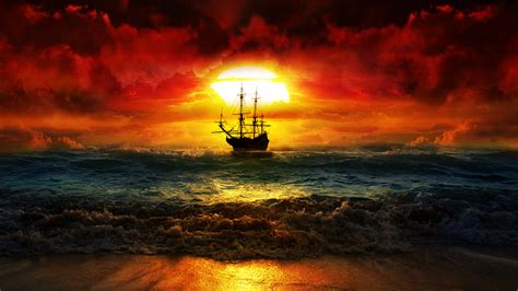 Wallpaper : sailing ship, boat, ocean view, waves, sunset, sun rays ...