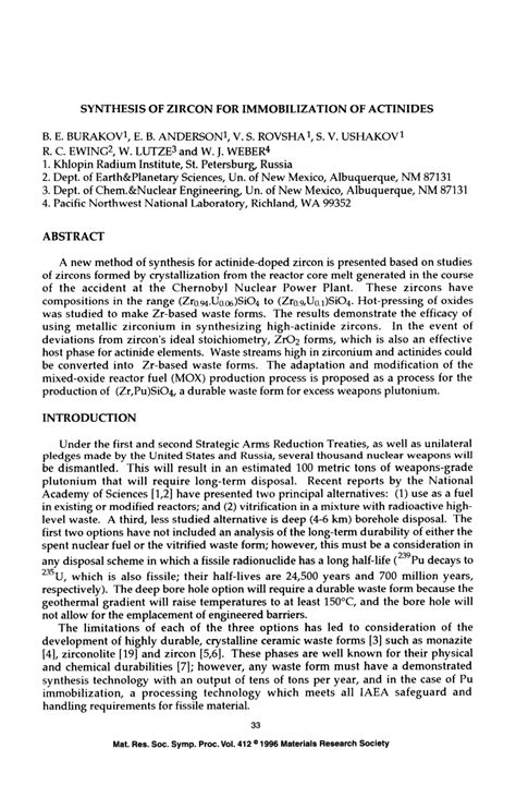 (PDF) Synthesis of Zircon for Immobilization of Actinides