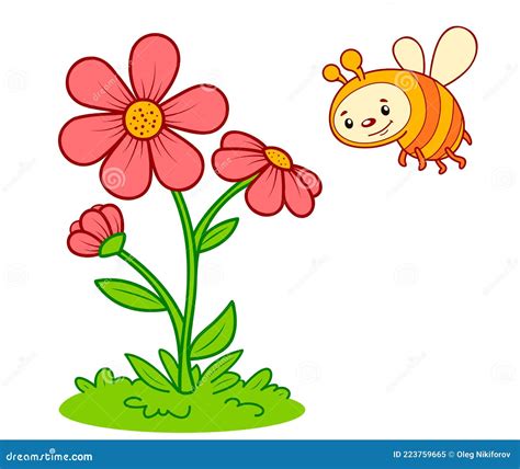 Cute Bee Cartoon. Bee and Flower Clipart Vector Illustration Stock ...