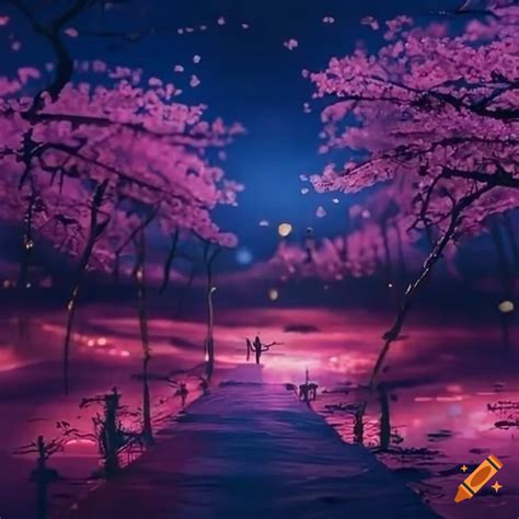 Nighttime cherry blossom scenery on Craiyon