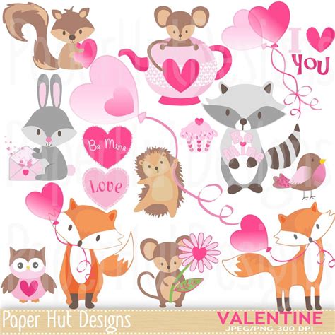 Valentine Clipart-cute Valentine Animal Clip Art. Rabbit-mouse-owl-fox ...