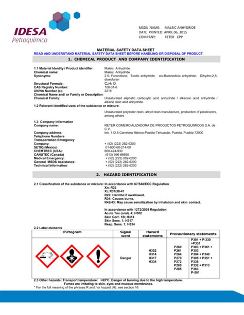 MSDS NAME: MALEIC ANHYDRIDE DATE PRINTED: APRIL 06