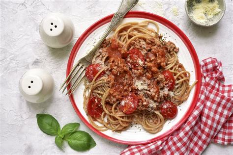 Whole Wheat Spaghetti Bolognese.Top View with Copy Space. Stock Photo ...