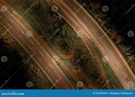 Top Down View To Road. Romantic Night Aerial Photo of Cars Traveling ...