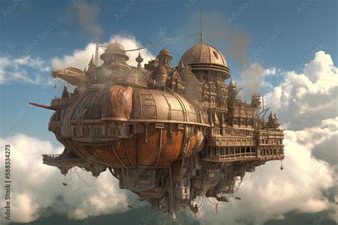 Fantasy airship in steampunk style flies through the sky with clouds ...