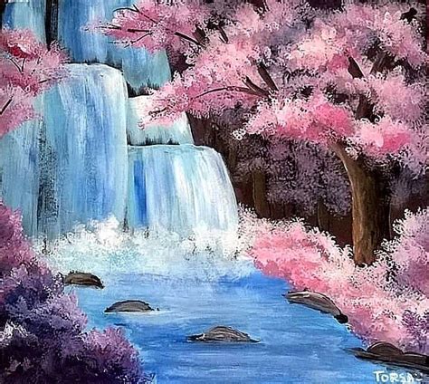 Waterfall with Cherry Blossom Trees