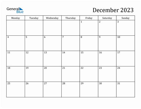 December 2023 Monday Start Calendar (PDF, Excel, Word)