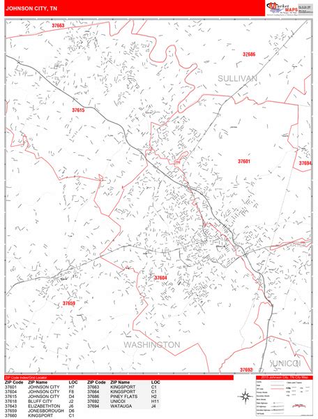 Johnson City Tennessee Zip Code Wall Map (Red Line Style) by MarketMAPS