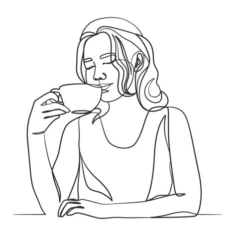 Continuous one line art drawing of woman drinking coffee 6035264 Vector ...