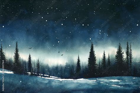 Watercolor painting of a forest in the night. Winter, snow, silhouettes ...