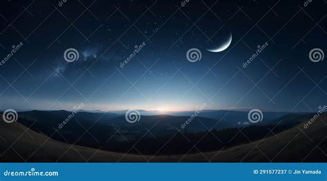 Mountain Landscape with Starry Sky and Moon, 3d Render Stock ...