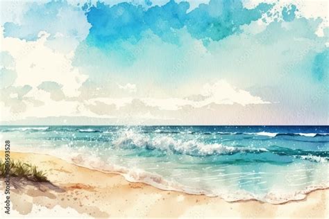 Realistic Sea beach background in watercolor style pink pastel color ...