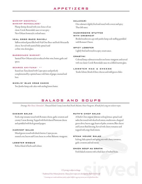 Ruth's Chris Steak House menu in Baton Rouge, Louisiana, USA