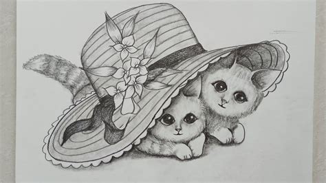 Daily challenge #116/ Kittens under Hat drawing/ Pencil drawing - YouTube