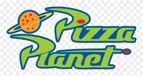 the pizza planet logo is shown in blue and green