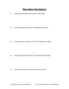 More Moles Calculations Worksheet for 9th - 12th Grade | Lesson Planet